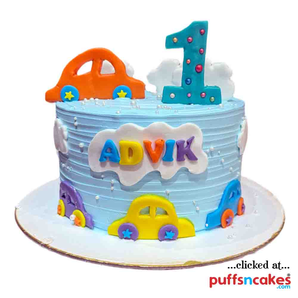 (2559) Car Cutout Cute First Birthday Semi Fondant Cake